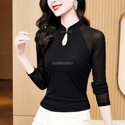 2024 black gauze undercoat qipao top women spring and autumn new retro chinese national style hollow out cheongsam blouse w910