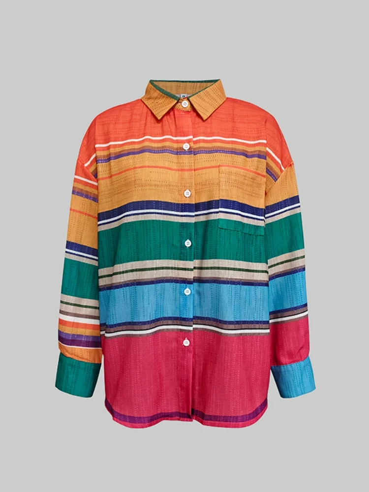 

2026 New Spring Women Boho Rainbow Striped Going Out Vacation Shirt Long Sleeves Loose Buttoned Casual Fashion Lapel Blouses