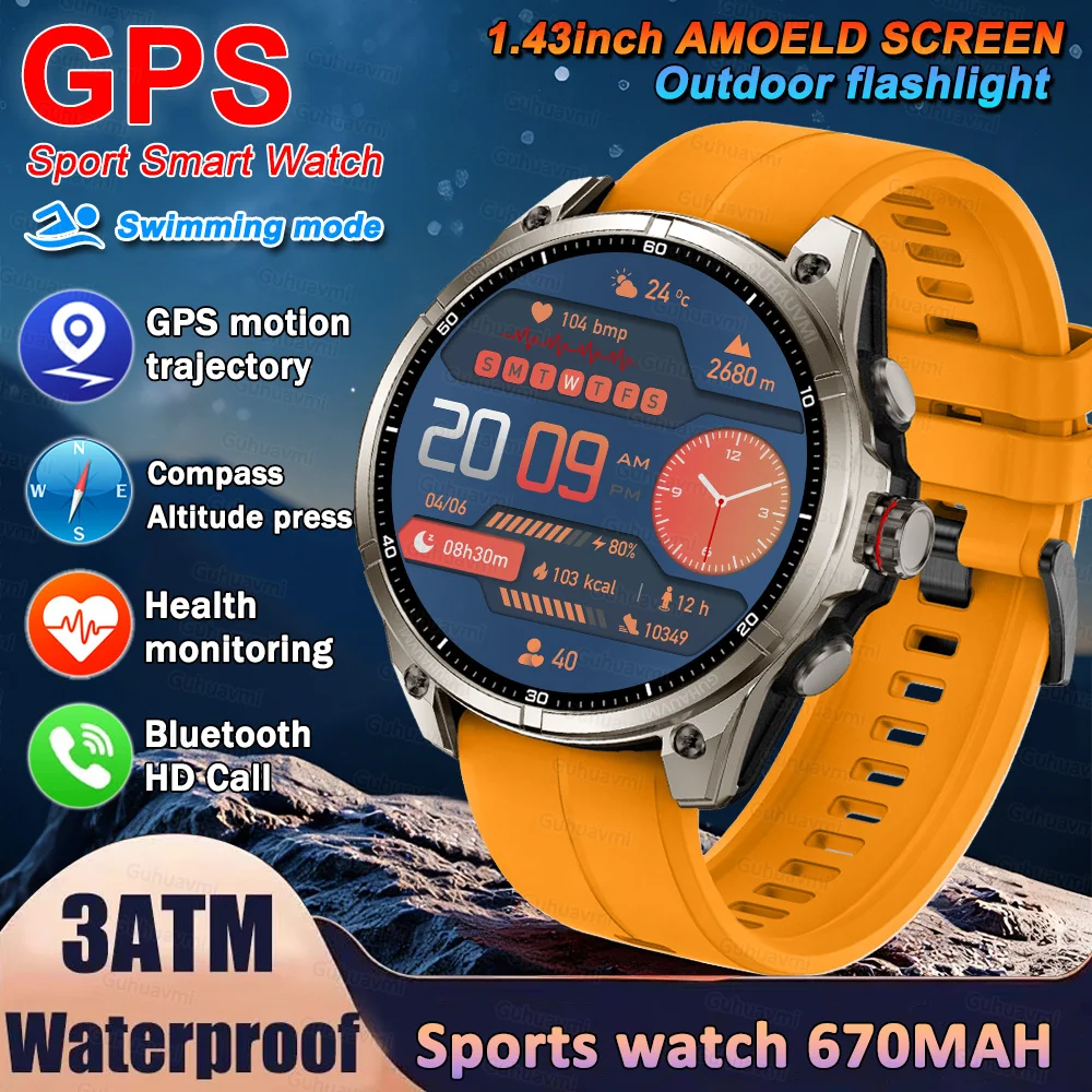 

2026 Outdoor Sports Smartwatch GPS Waterproof Flashlight 1.43AMOLED Custom dial Call Compass Smart Watches For Men GPS Sports