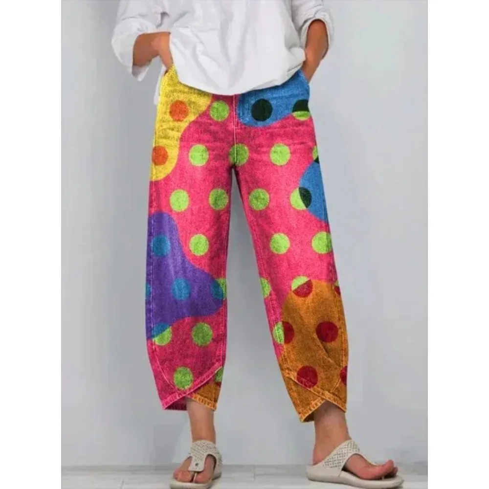 Damen Baumwoll-Caprihose, locker geschnitten, lässig, Boho-Stil, weites Bein, knöchellang, Vintage, elastischer Bund, Sommer, Strandurlaub, Alltagskleidung – Detail 11