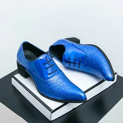 Luxury Wedding Dress Men High Heel Shoes Design Blue Man Patent Leather Shoes Party Men Pointed Toe Formal Shoes Zapatos Oxfords