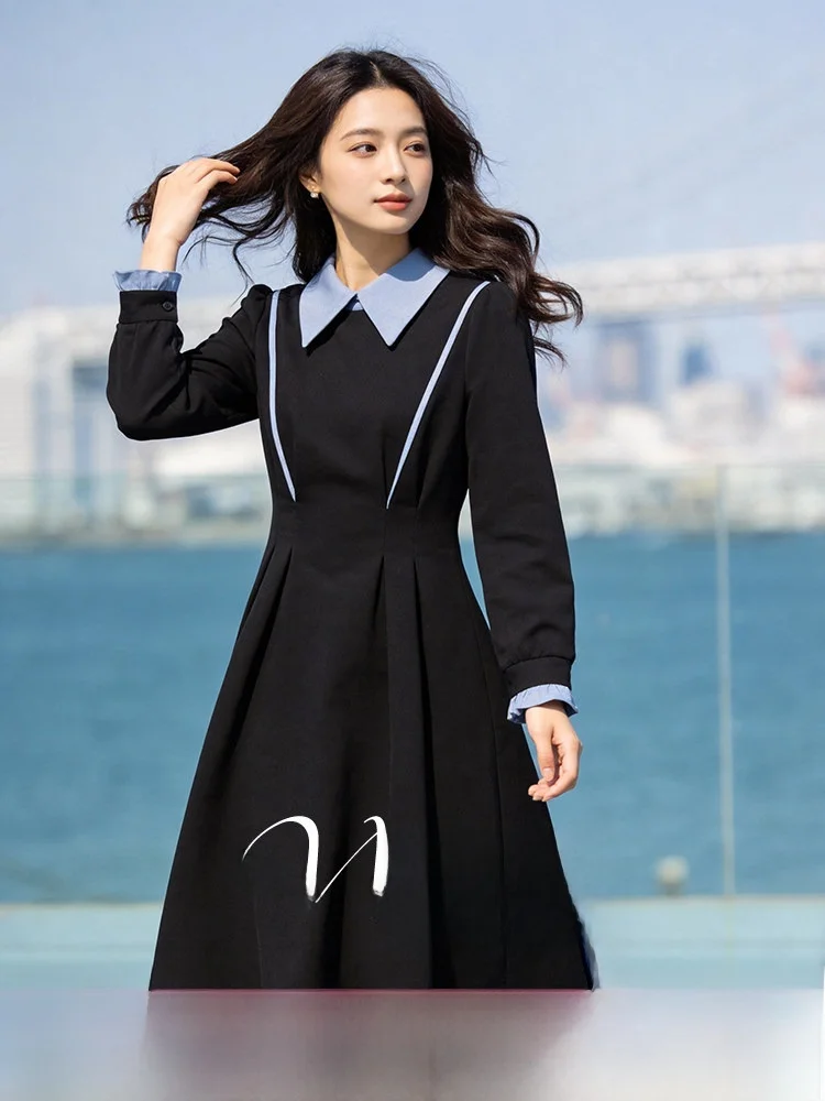 

Женское платье больших размеров с воротником и поясом, весна 2026, модный дизайн, для офиса, с длинным рукавом, из полиэфирного волокна