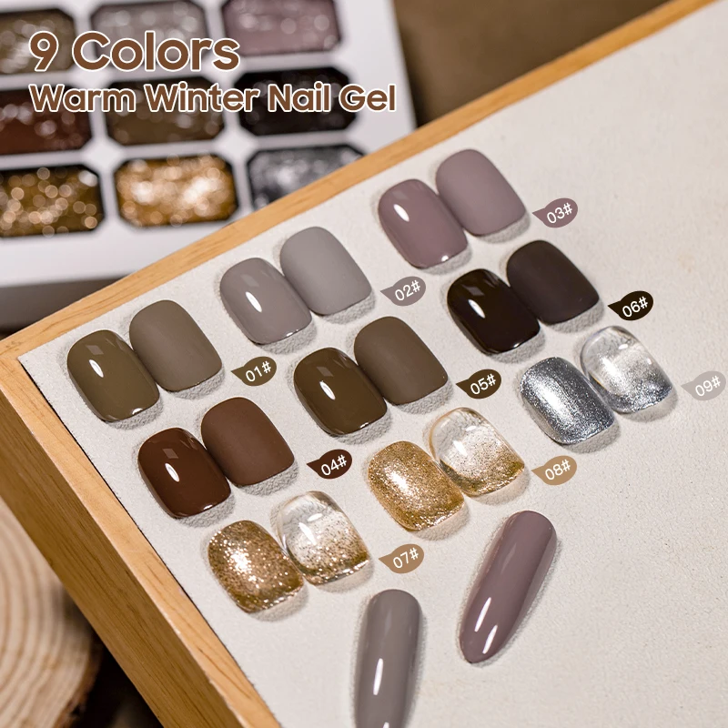 9 colori Nove Palace Grid Pat Smalto per unghie Caldo inverno Marrone Oro Argento Colore Colla per unghie Sbavature Colla per unghie ad alta saturazione in scatola