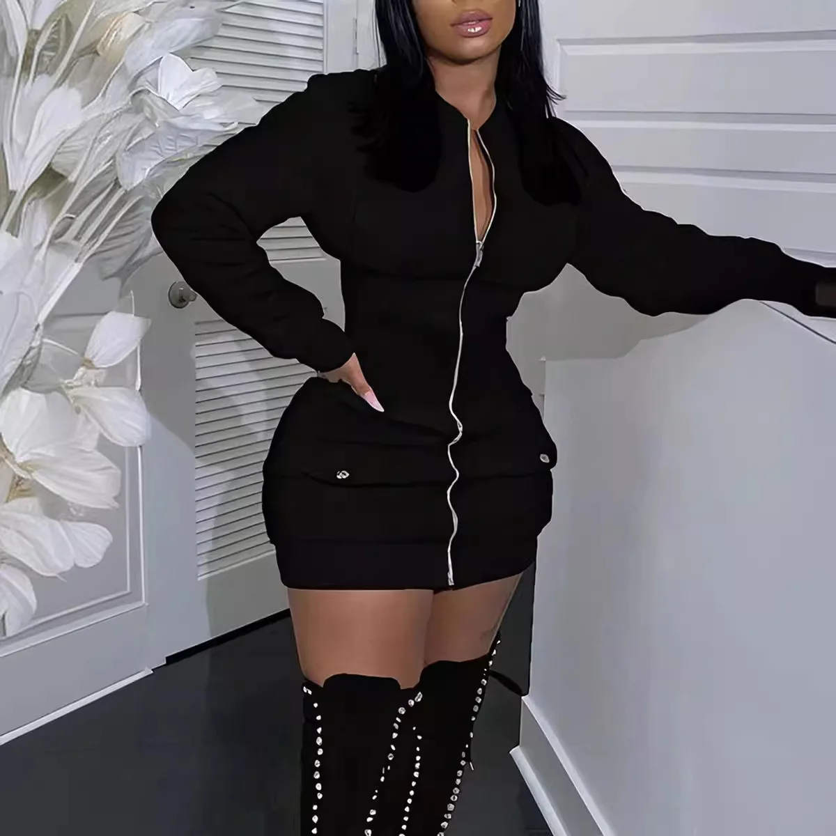 Fashion Long Sleeve Zipper Black Mini Dress Women 2025 Autumn Winter Sexy Bodycon Dresses For Women Robe Femme