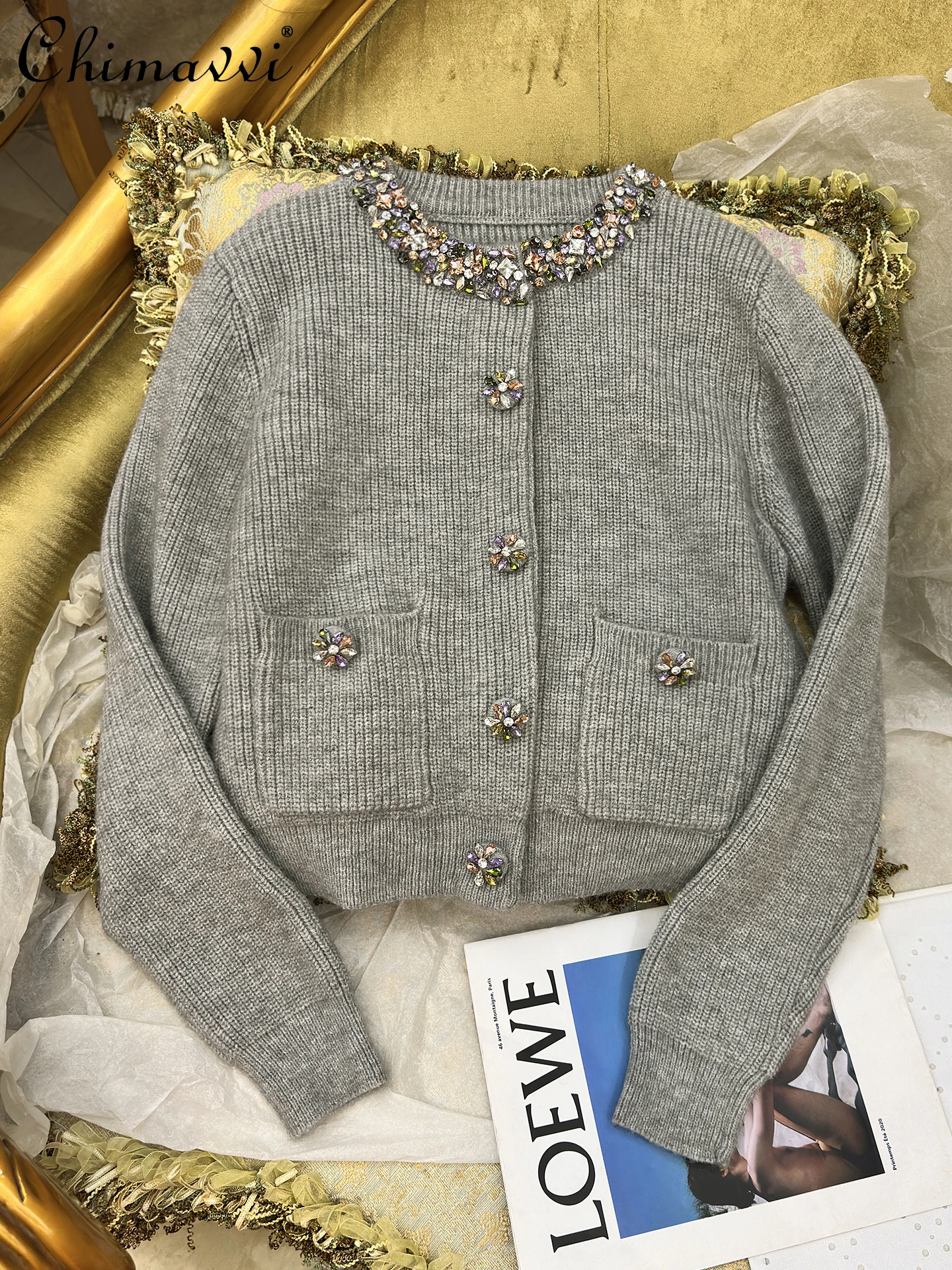 

Autumn Winter New Heavy Embellished Round Neck Luxury Elegant Sweater Fashion Socialite Sweet Girl Long Sleeve Knitted Cardigan