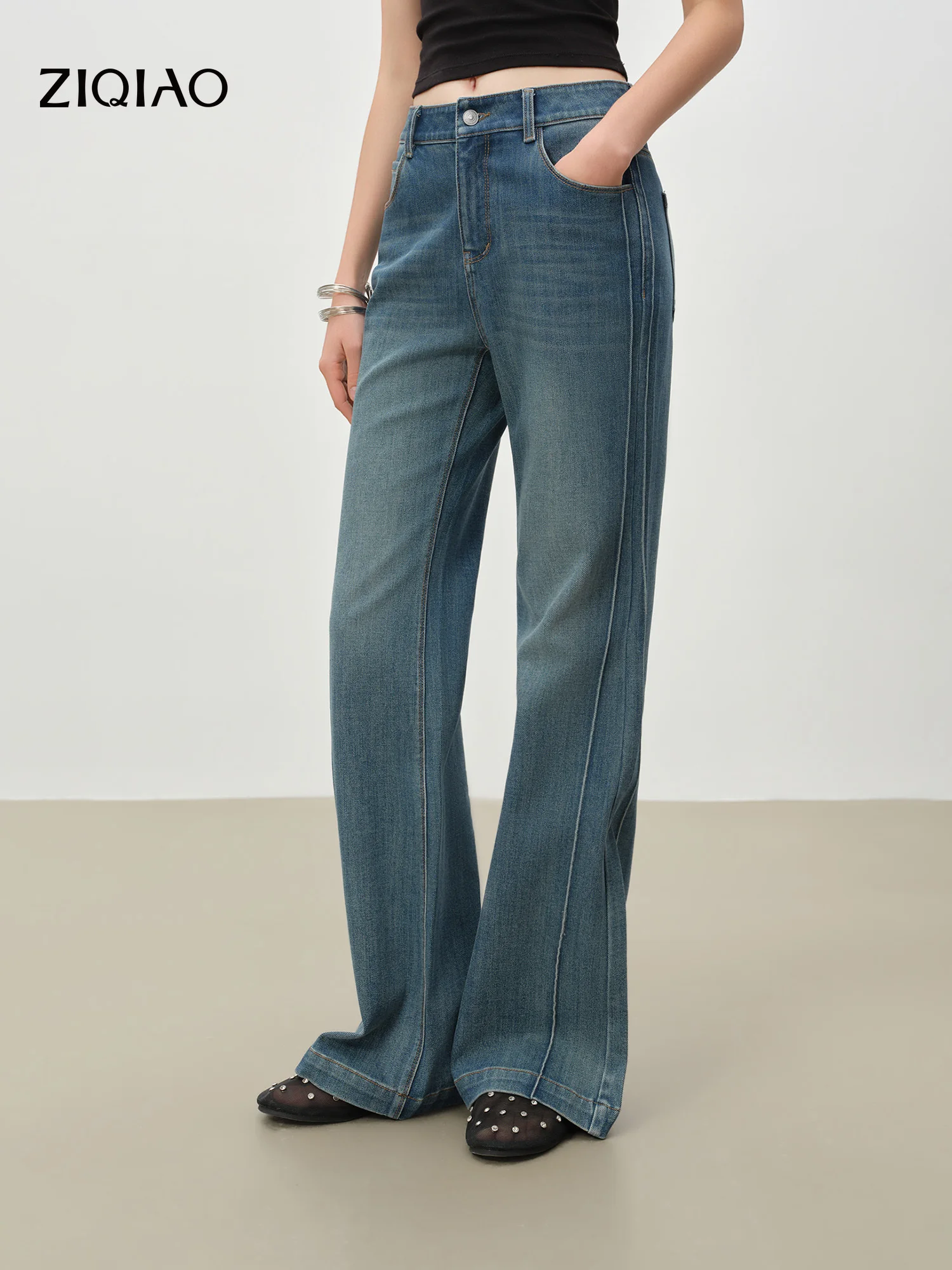 ZIQIAO 2026 Spring New Arrival Design Women No-Restriction Comfortable Slim-Fit Jeans Contour Details Stretch Flared Long Pants