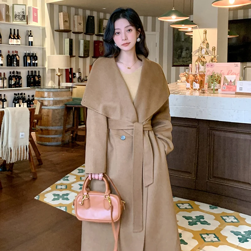 High-End Camel cashmere Mantel, Revers einfarbig Slim-Fit Damen jacke Trenchcoat