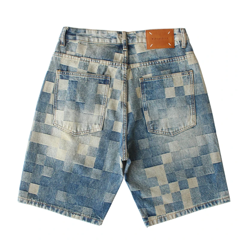 Heavyweight checkerboard plaid denim shorts men's summer cotton washing old American retro trendy denim five-point pants