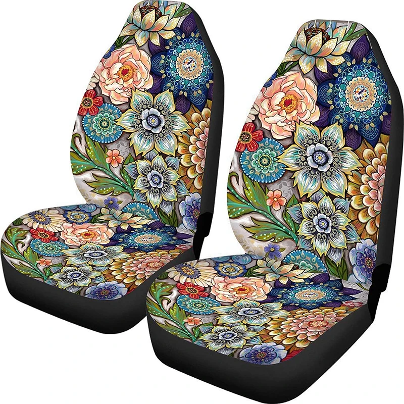 2PCS Car Seat Covers for Women Universal Auto Front Seats Protector Blossoms Boho Floral Print for Most Cars SUVs Trucks Vans