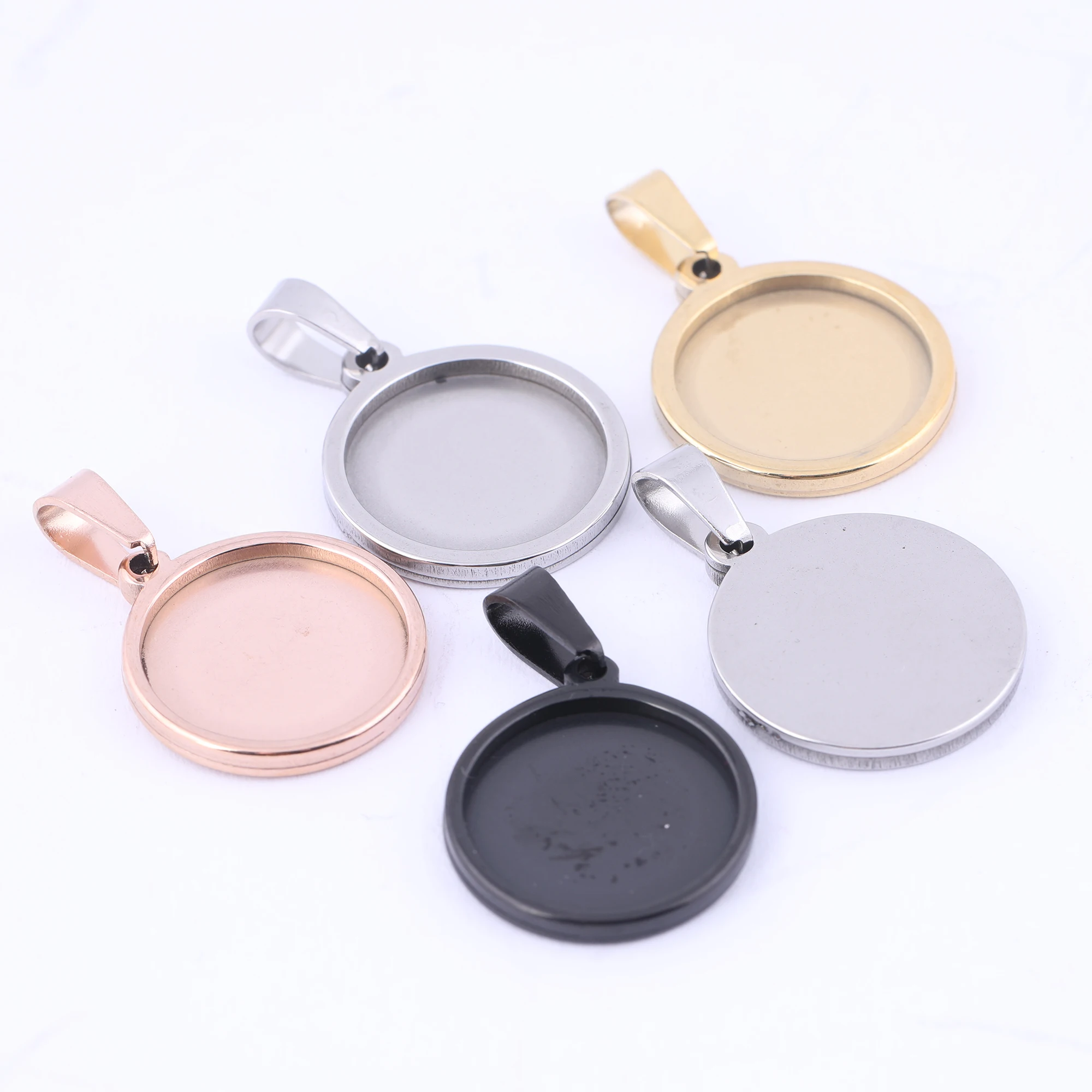 5pcs Fit 16mm Cabochon Base Setting Trays Stainless Steel Black Gold Bezel Pendant Necklace Blanks For Jewelry Maing Supplies