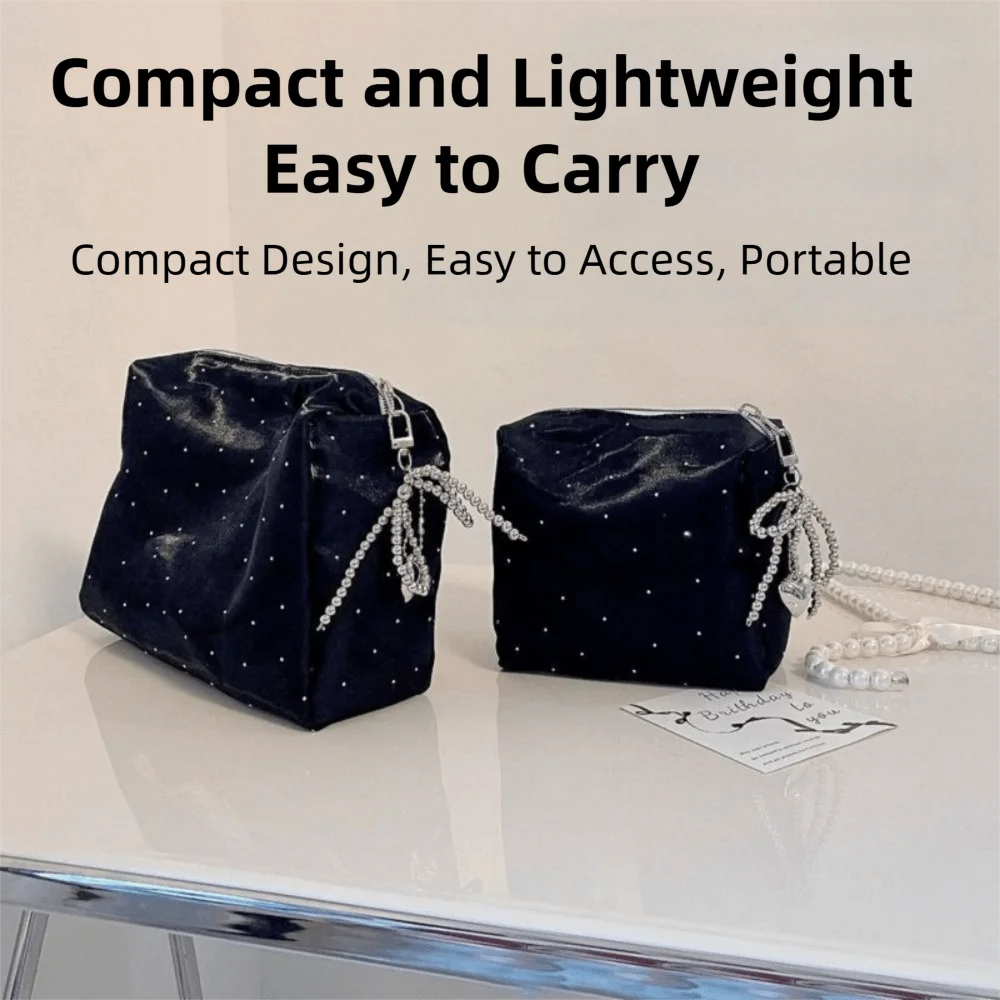 Luxury Sequin Cosmetic Bag Handheld Zipper Cosmetic Organizer Beaded Bowknot Portable Makeup Storage Bag Women and Girls
