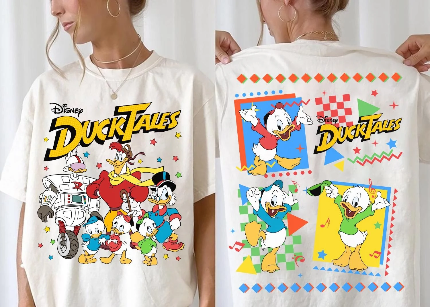 ديزني 2 الوجهين حكايات البط قميص DuckTales مجموعة النار شعار قميص البخيل McDuck هيوي ديوي لوي ديزني الأسرة مطابقة قميص #2