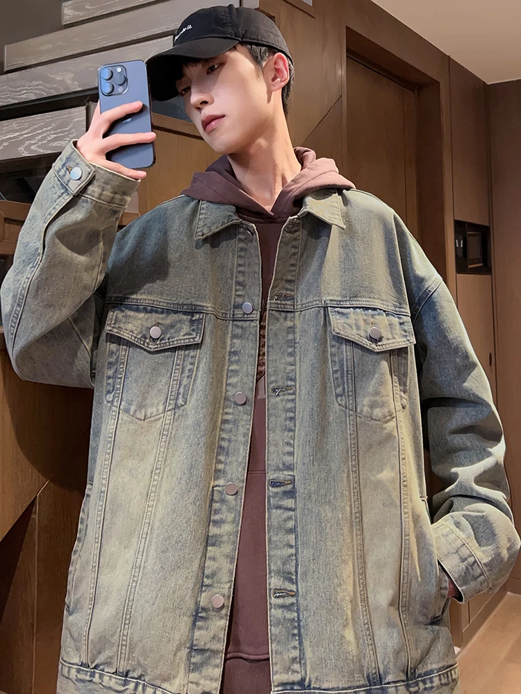 

Мужской джинсовый кардиган свободного кроя, весенняя новинка, в стиле Слэш-хонгконг, с открытыми рукавами, желто-коричневый, с воротником, повседневный топ