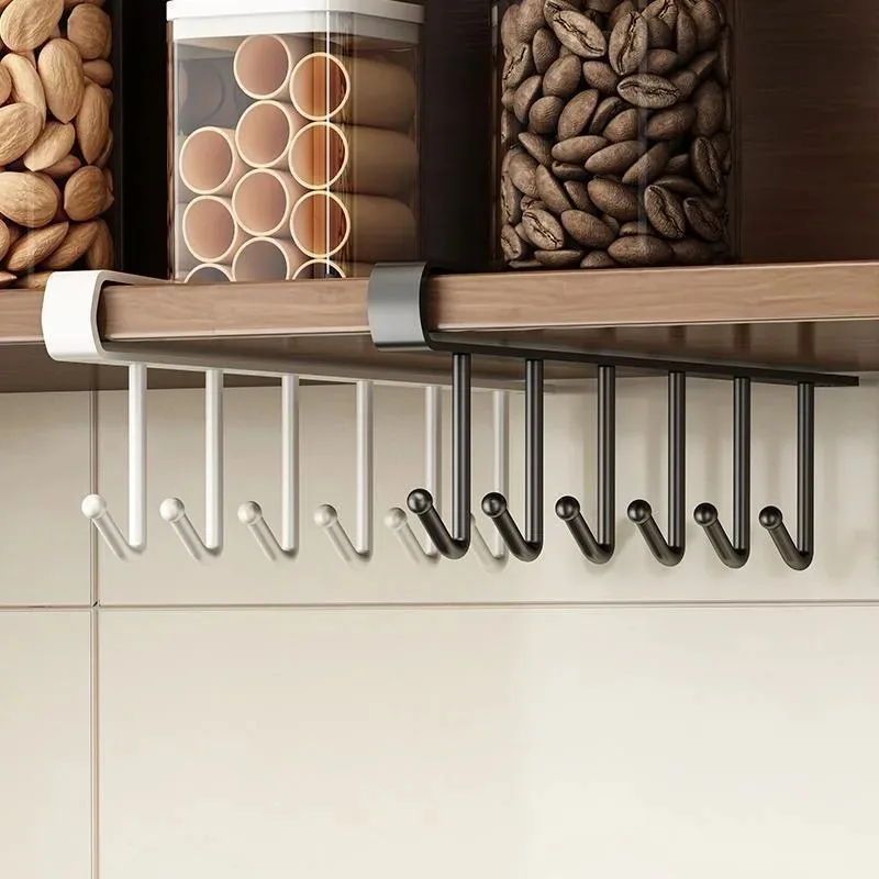 

6 Hooks Metal Storage Shelf Cup Organizer Under Cabinet Mug Cup Hanger Bathroom Kitchen Accessories Hanging Rack Holders