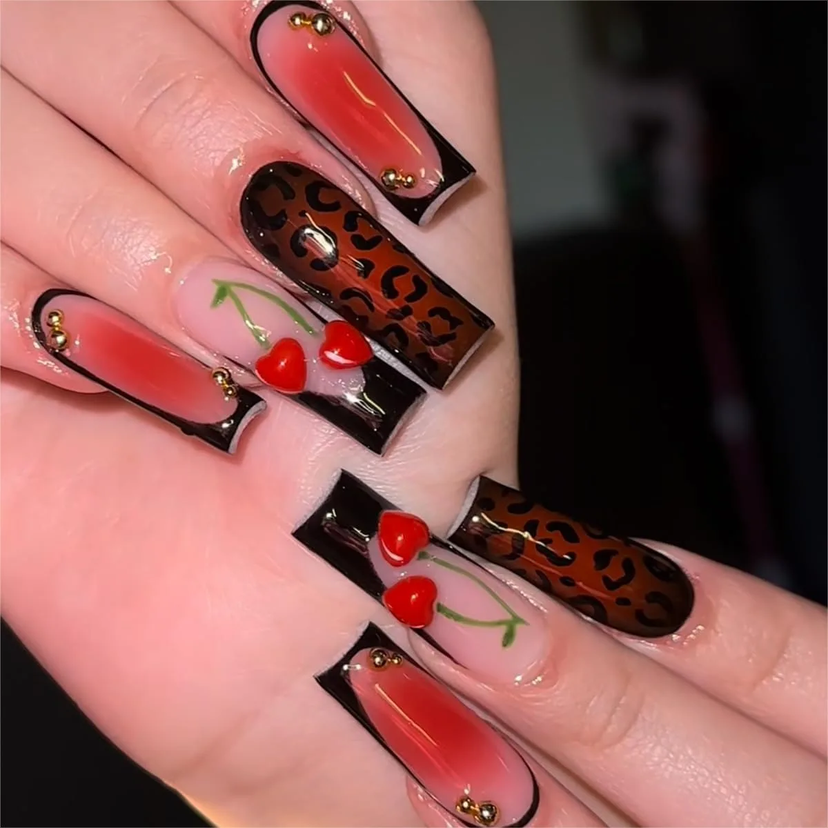 

24Pcs Long Square Press on Nails Leopard Print & Hearts Black White French with Gold Bead Accents