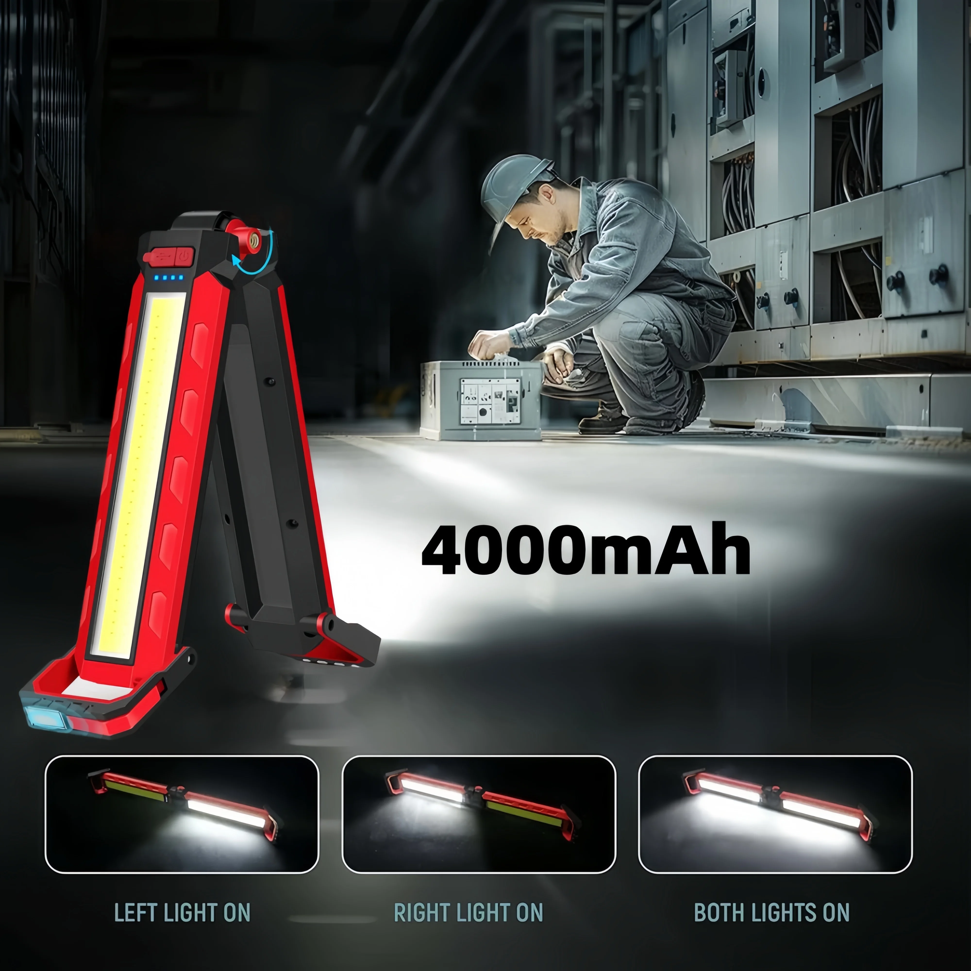 

4000 мАч 180 ° Складной светодиодный рабочий фонарь с магнитом и крючком, водонепроницаемый перезаряжаемый механический фонарь для ремонта автомобилей, гаража, кемпинга