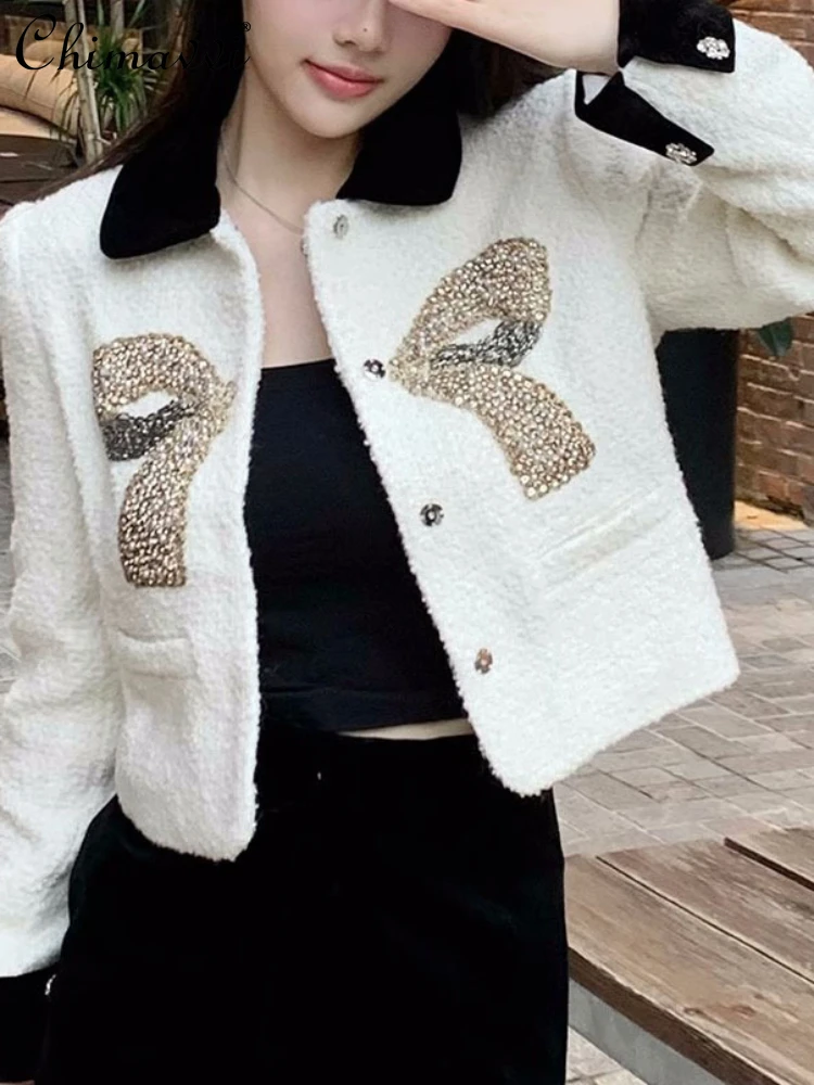 

Fashion French Style Sequined Diamonds Glittering Short Coat 2023 Autumn and Winter Long Sleeve Bowknot Beaded Wool Top