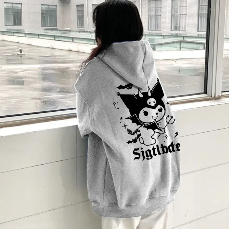 Sanrio Kuromi Oversized Hoodie Y2k Women Kawaii Print Fashion Sweatshirt Female Kangaroo Pocket Loose Pullovers Clothes 2023 New