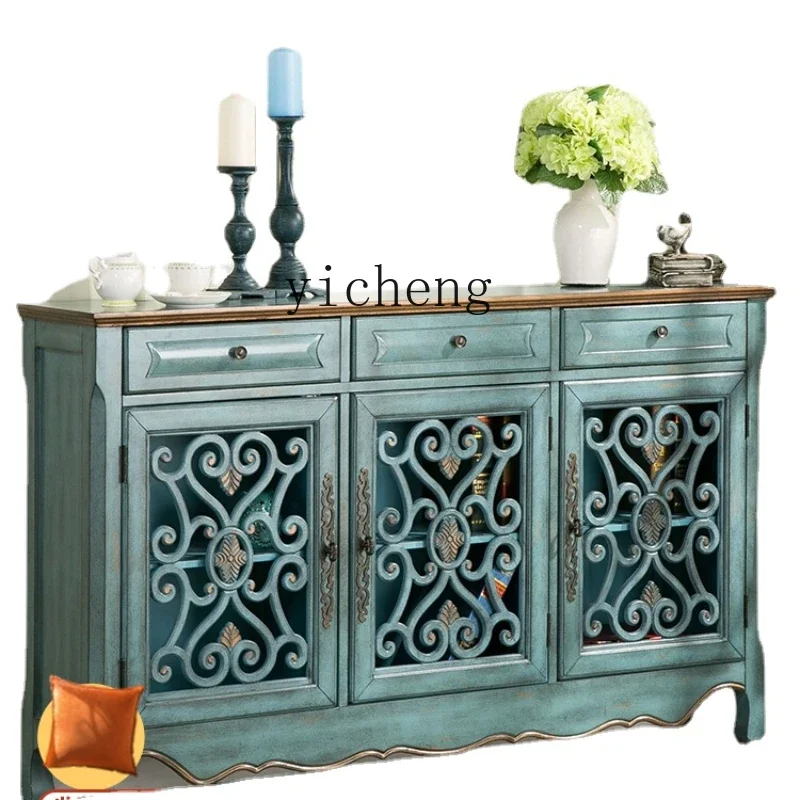 ZK Entrance Cabinet Mediterranean Style Storage Side Cabinet Solid Wood Retro Integrated Sideboard Cabinet