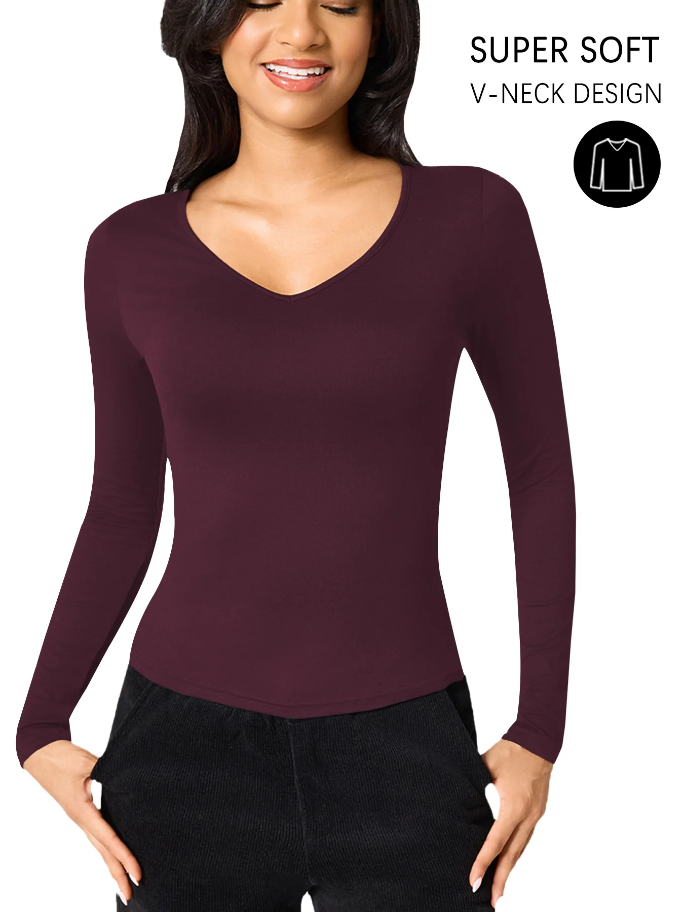 レディース Vネック 長袖 Tシャツ スーパーソフト ワークアウト ランニング ヨガ アスレチック Tシャツ