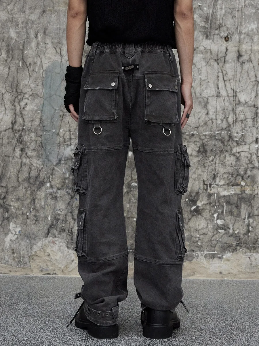 Dark Avant-Garde Style Pants Washed To Make Old Overalls Techwear multi-pocket Jeans