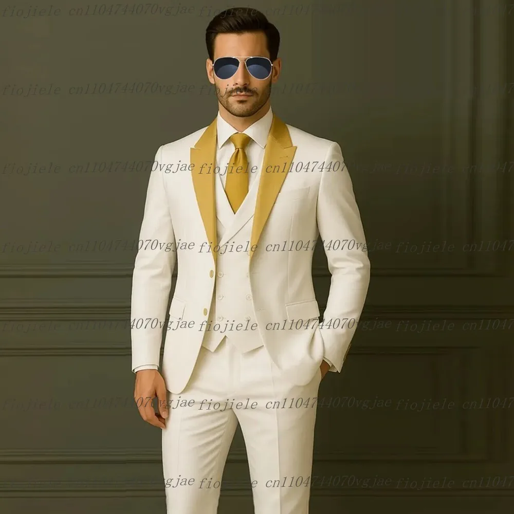 

Новый белый мужской костюм с золотым воротником, деловой мужской костюм для свадебной вечеринки, жениха, деловые мужские смокинги по индивидуальному заказу, комплект из 3 предметов, куртка, жилет, брюки