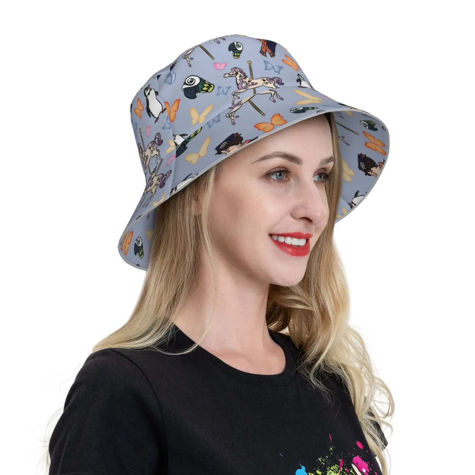 Pattern Bucket Hat Fashion Soft Personalized Pattern Gift Cap Pattern Umbrella Carousel Horse Penguin Butterflies Musical