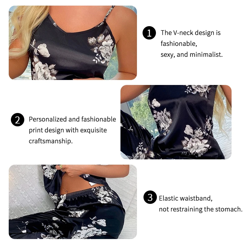 Women\'s Sleepwear Floral Print Satin Pajama Set Summer Elegant V Neck Backless Cami Top & Elastic Pants Loungewear Pyjama Femme