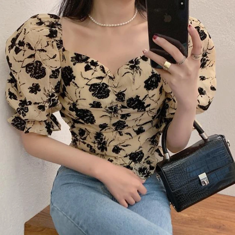 Floral Blouses Women Puff Sleeve Elegant Vintage Ruffles Design Female Hotsweet Slim Summer New Korean Style Aesthetic Gentle