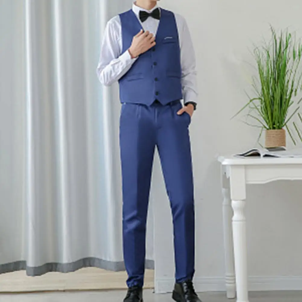 Business Suit Set 3-piece Men Casual Slim Fit Suit Vest Shirt Pants Set with Bow Tie Formal Wedding Solid Color Groom Suit Set