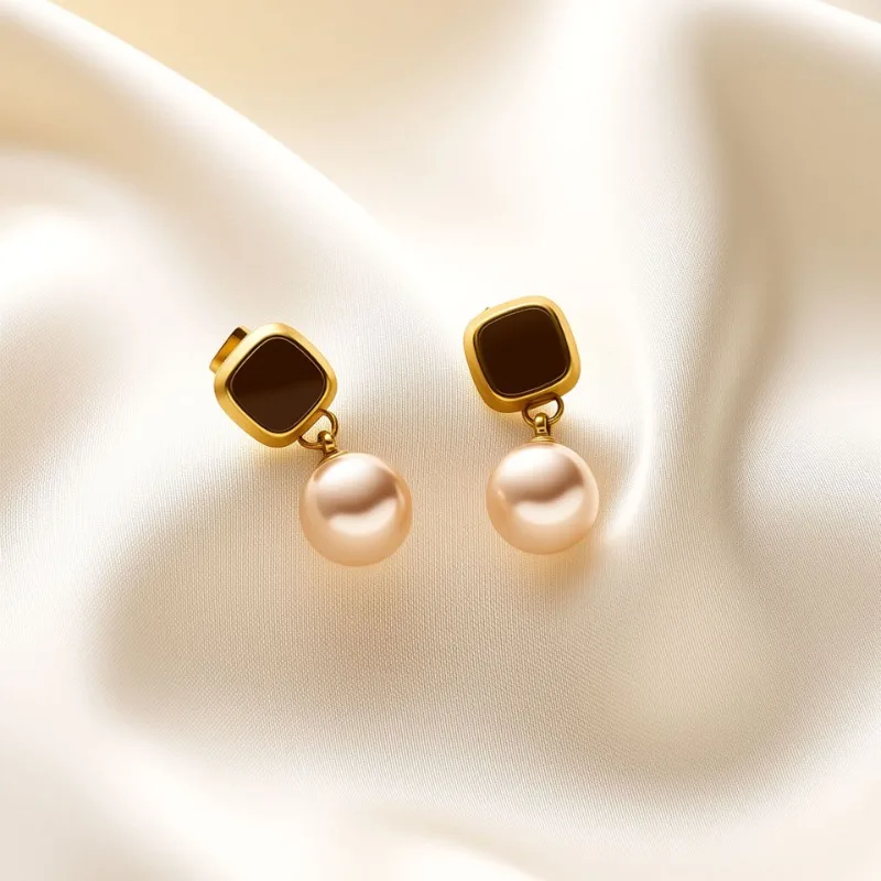 الرجعية الكلاسيكية الذهب اللون الفولاذ المقاوم للصدأ مربع براون المينا جولة اللؤلؤ وأقراط للنساء الفتيات مصمم المجوهرات لا تتلاشى #1