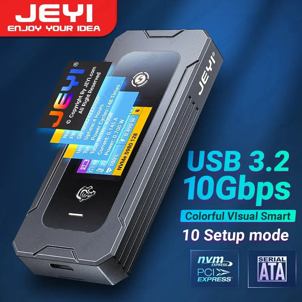 JEYI Visual Smart M.2 NVMe / SATA SSD Enclosure, USB 3.2 10Gbps 10 Set Modes Real-time Temperature Support M-Key B +M Key UASP