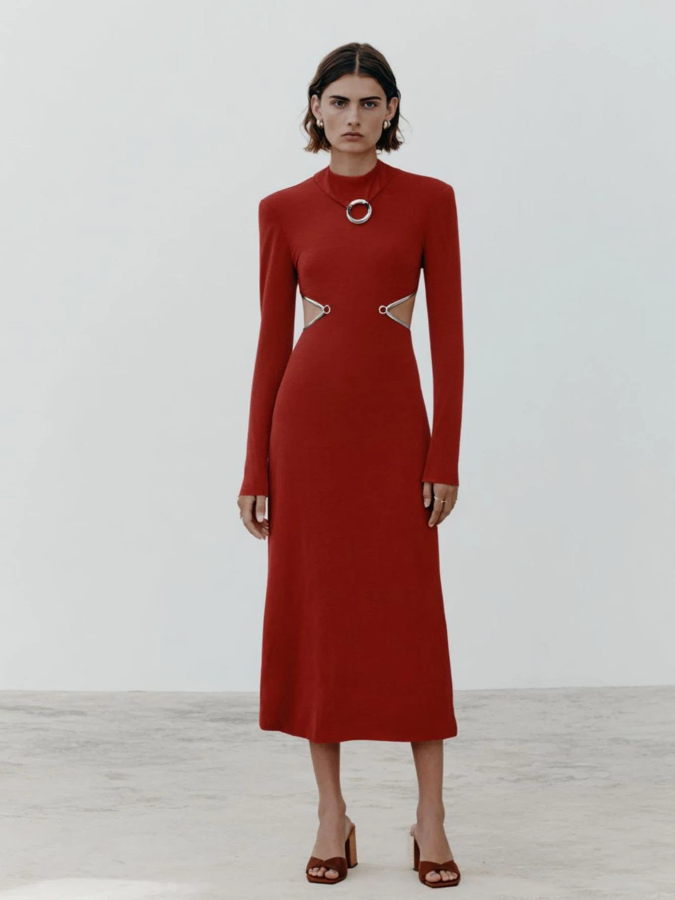 فستان Mia Muse نسائي بأكمام طويلة ورقبة دائرية متوسط الطول بتصميم أنيق لفصول الصيف والخريف