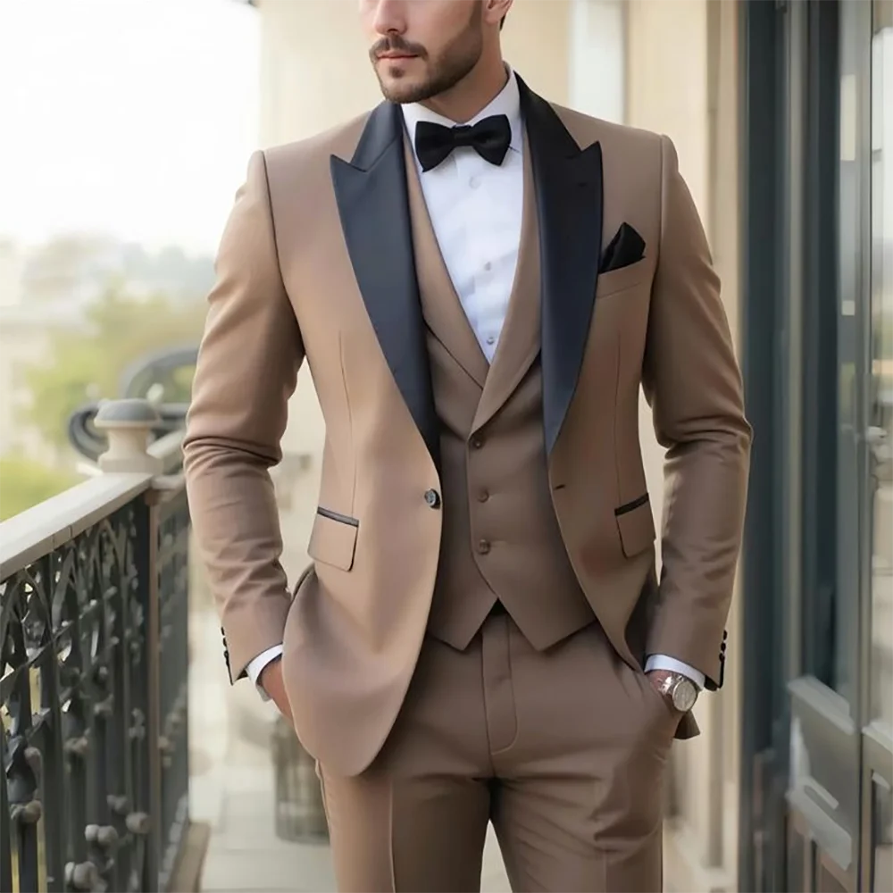 

Formal Suits For Men Chic Peak Lapel Single Button Business Suit Set 3 Piece Prom Evening Party Smart Casual Male Clothing