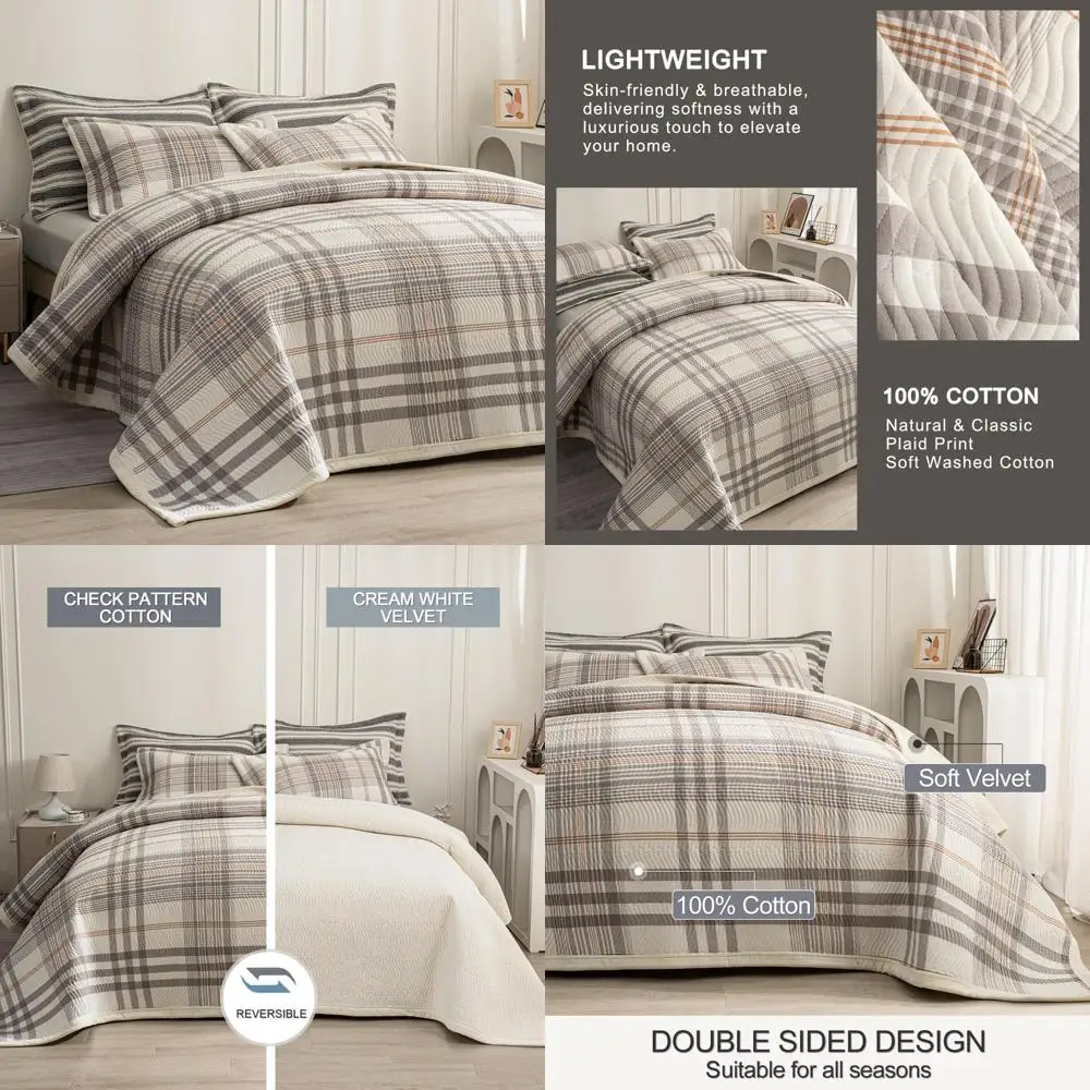

Queen Size Cotton Plaid Bedding Set: 3-Piece Ultra Soft Coverlet with 2 Pillow Shams, Reversible Lightweight Bedspread