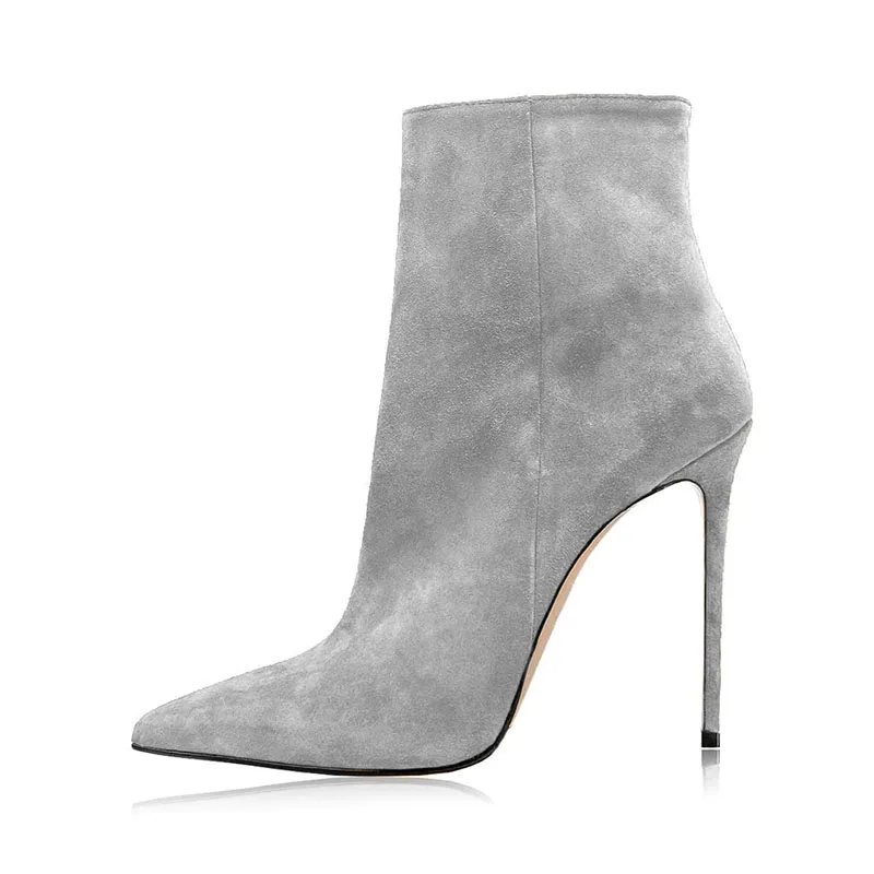 Arden Furtado 2025 Autumn Cow suede Pointed toe Thin heels Side zipper Super high heel Modern boots Extra large size Short boots