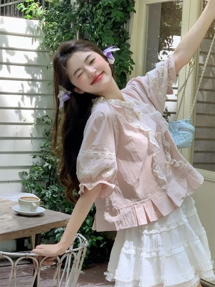 

Woman Shirts Lace Patchwork Ruffles Bow Puff Short Sleeve Slim Crop Tops Summer Fashion Sweet Female Blouse Casual