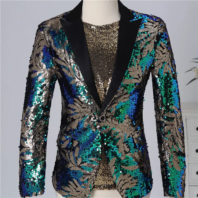 2024 Men's sequined green gold blazer, host, singer stage   blazer