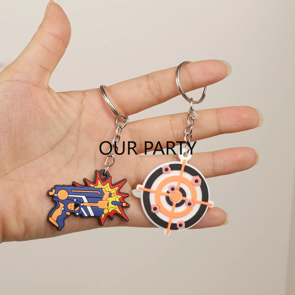 8Pcs Shooting Darts Theme PVC Keychain Ready Aim Fire Backpack Pendant for Boy Birthday Party Favors Goodie Bag Pinata Fillers