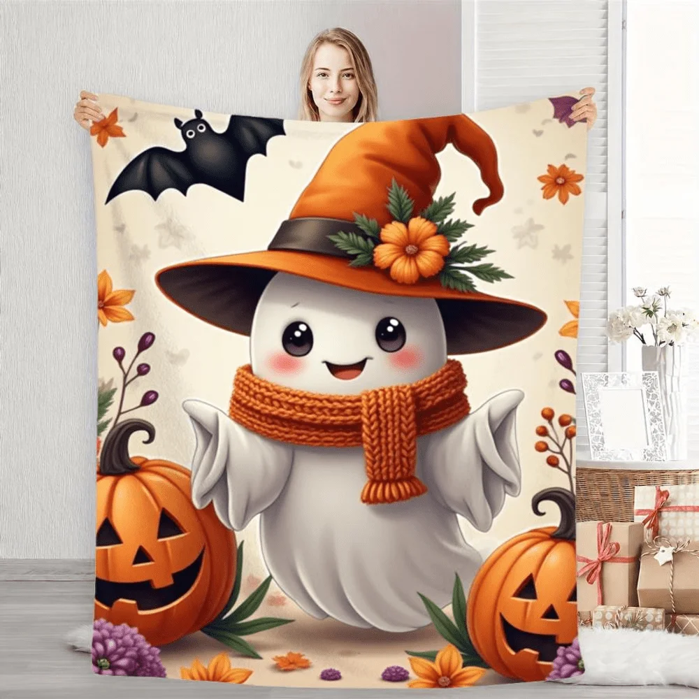1pc Cooling Halloween Blanket with Cute Ghost in Witch Hat, Pumpkin And Bat Print, Soft Flannel Plush Throw for Cozy Autumn Decor Perfect As Home Decoration And Holiday Gift Choice