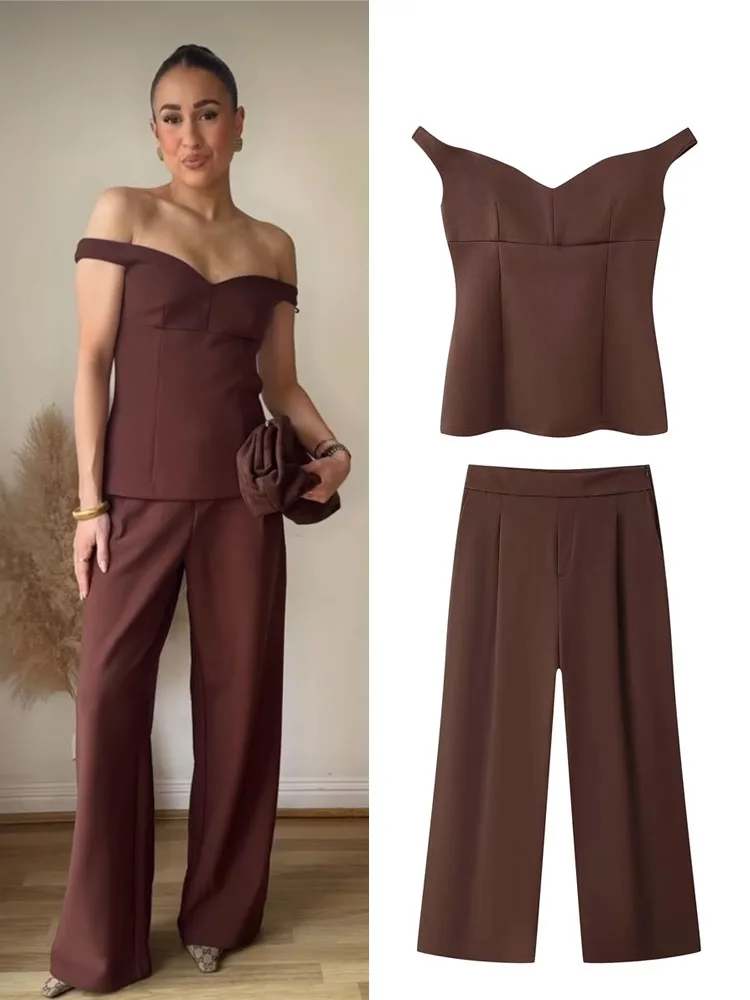 Trafza feminino calças sólidas terno de volta zíper orvalho ombro com decote em v design curto topo + moda casual bolsos meados cintura calças largas perna