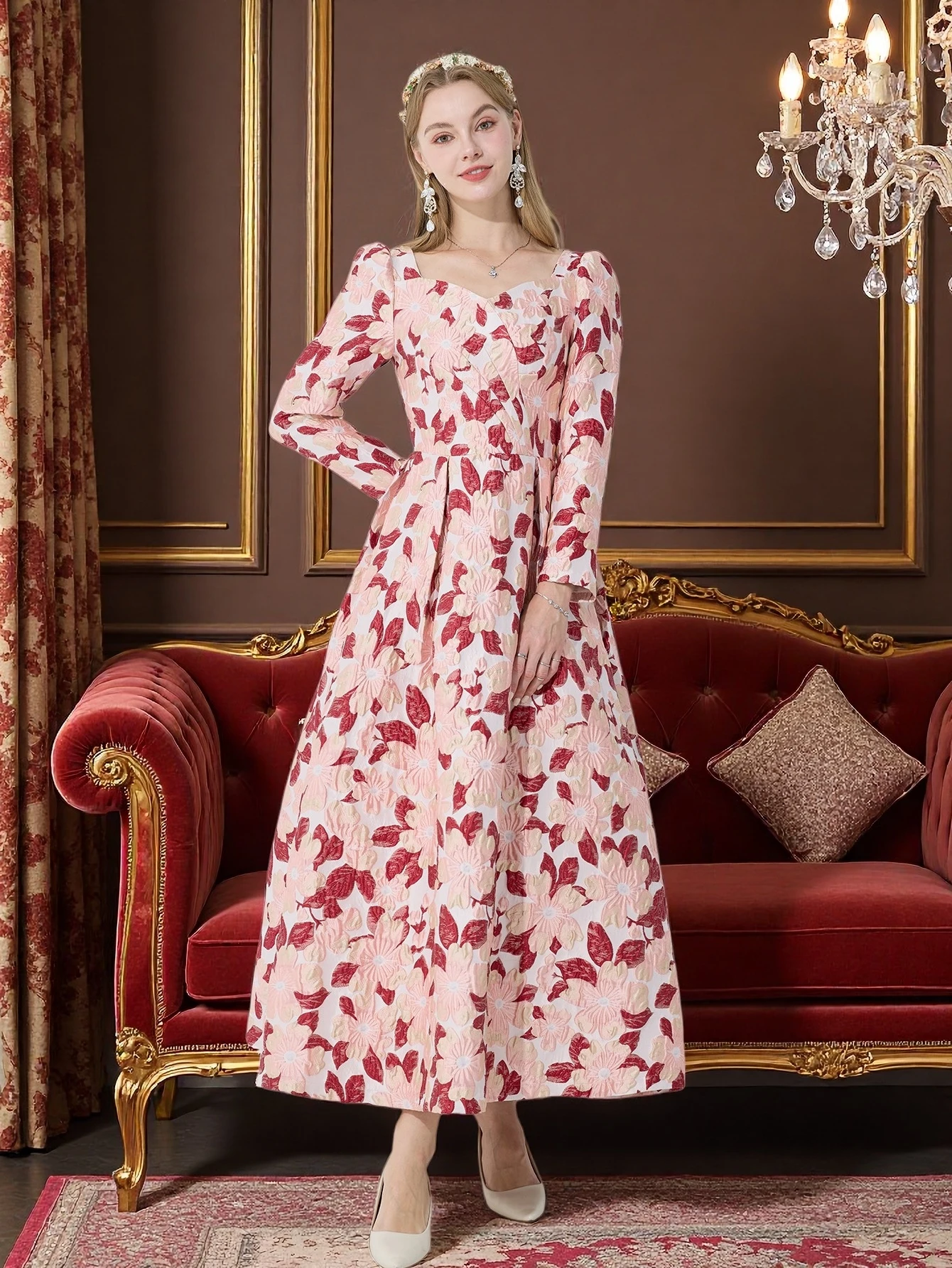 

DEVCHATA Elegant Women Long Sleeve Maxi Dress Boho Floral Jacquard Fashion Party Casual Clothing Ball Gown Vestidos