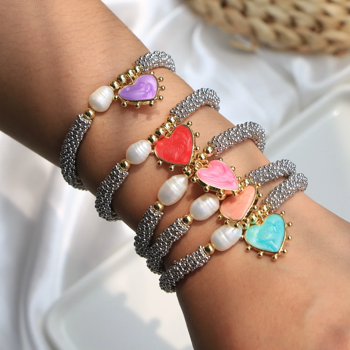 

5PCS, Heart Charms 18k Gold Plated Multicolor Heart Enamel Pendant Bracelet Women Jewelry Making