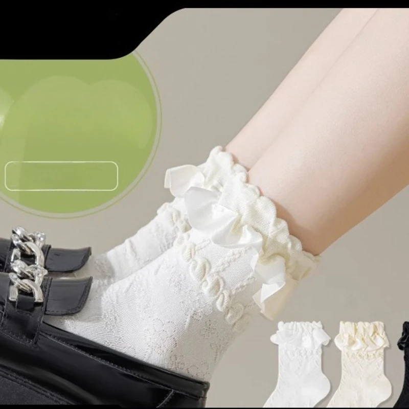 1 Pairs Women‘s Lace Trim Ruffle Socks Cotton Stacked Socks Mid Calf Black White Kawaii Vintage Princess Socks Spring Summer