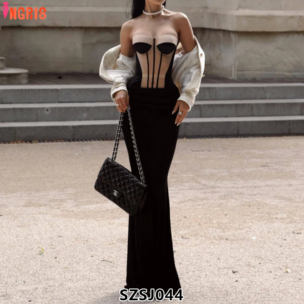 

Women's Dress Set Sexy Off Shoulder Cropped Top Maxi Dress Set 2 Piece Set See Through Women's Evening Dress-SZSJ044