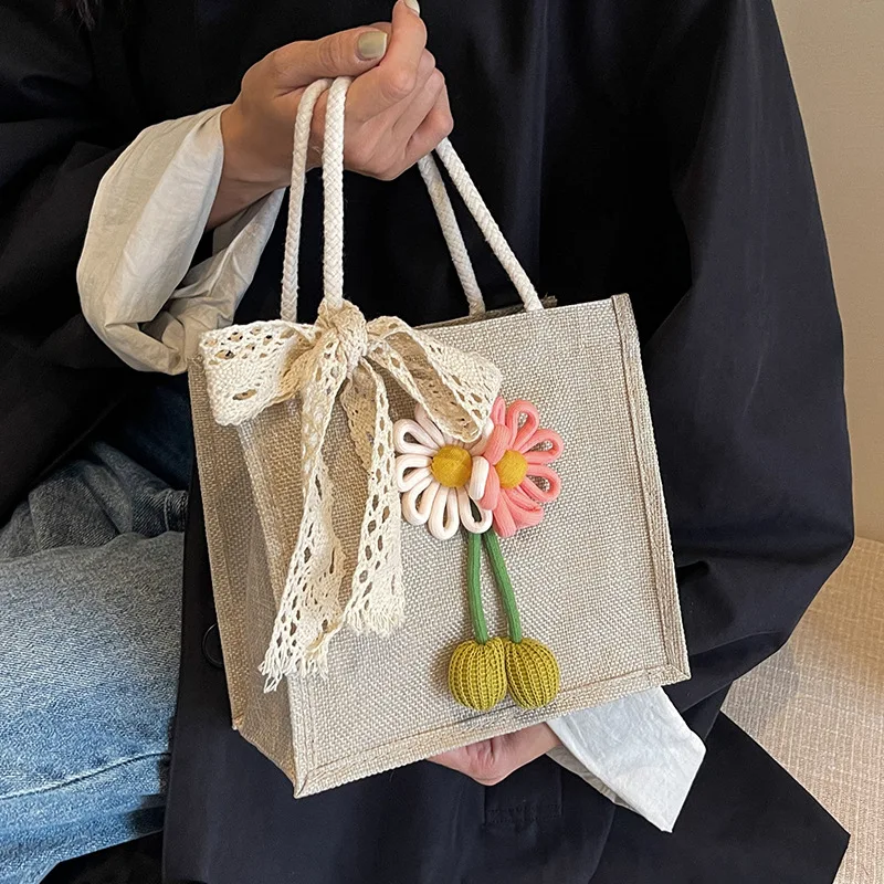 

Прочная сумка для обеда из хлопка и льна, сумка bento, женская сумка, квадратная мини-сумка на плечо, маленькая сумка-саквояж