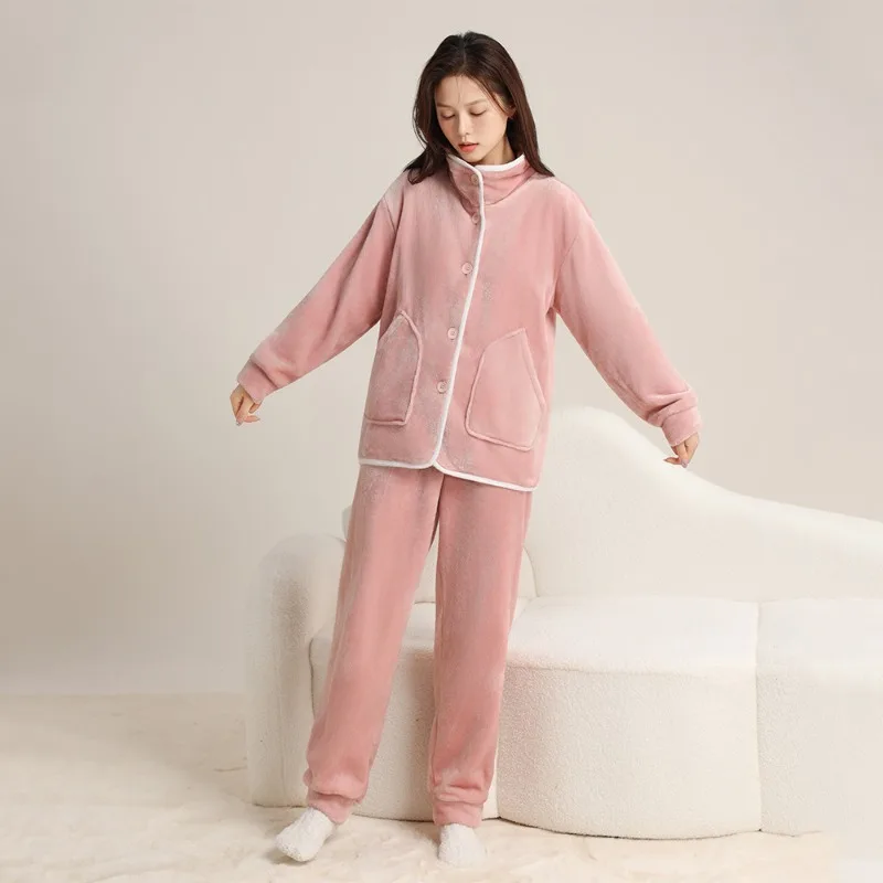 

Пара коралловых бархатных пижам с длинными рукавами, плотная фланелевая домашняя одежда, осенне-зимний теплый свободный комплект одежды для сна