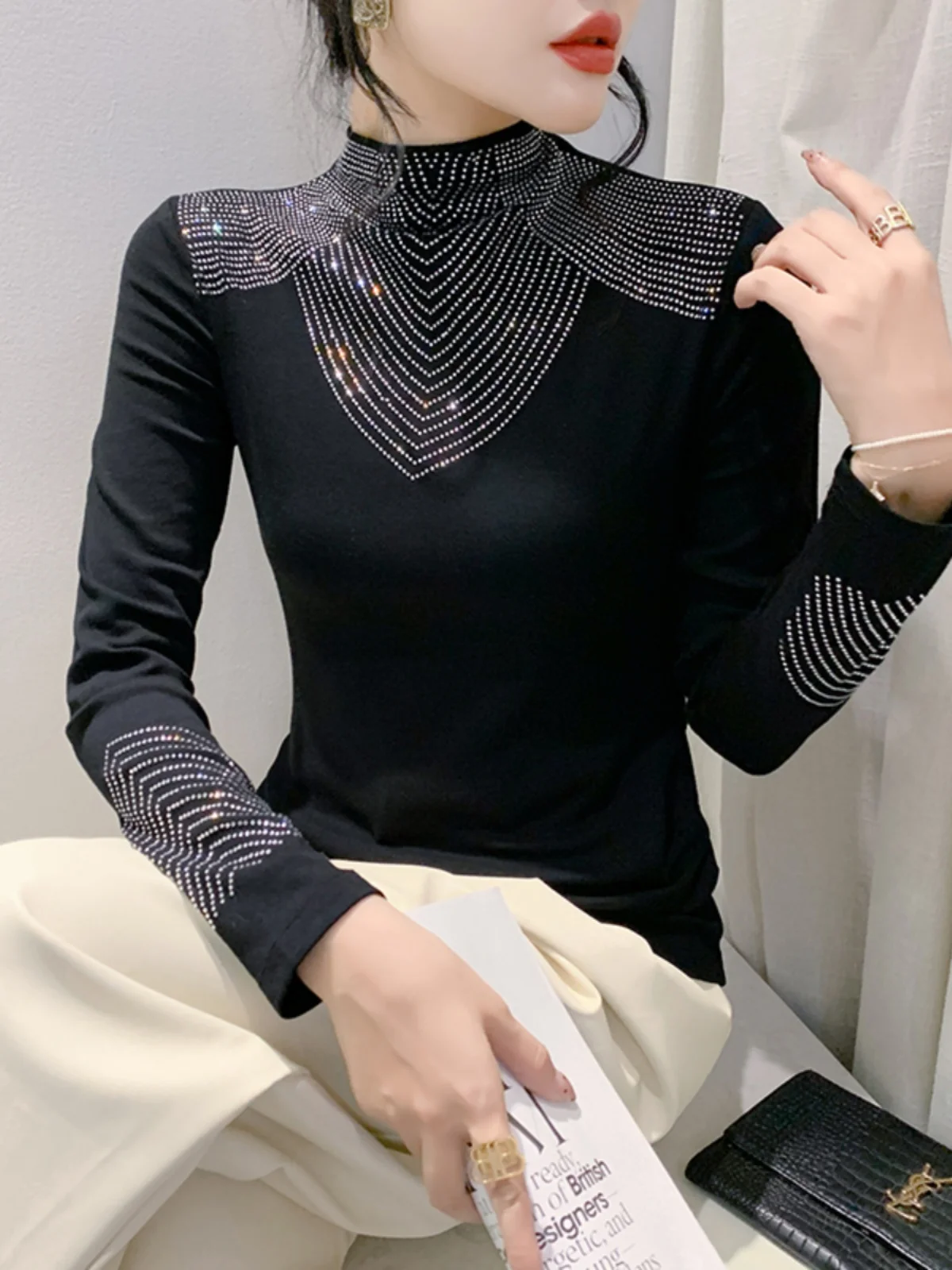 S-3XL Autumn New Cotton Black Top Women High Neck Long Sleeve Intimated Diamond T-shirt Slim Stretchy Trend Tees