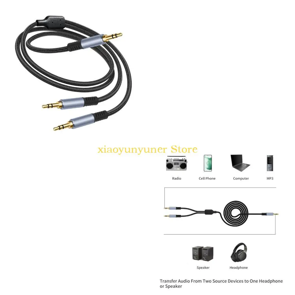 P9JB Nylon Braided Cable 3.5mm Male to 2pc 3.5mm Male for Sound Distribution in Home Theater Gaming and Entertainment