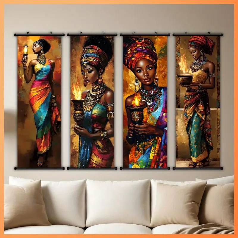 VIKAMA African Woman Lantern Wall Tapestry Colorful Dress Gold Jewelry Flame Portrait Oil Painting Scroll Art Home Decor Unique